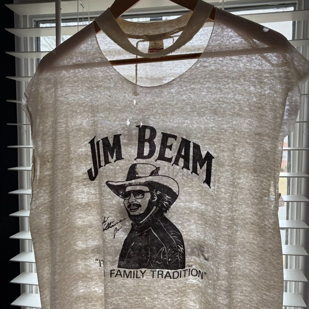 Vintage Paper Thin Burnout Worn T-Shirt Chopped Threadbare Zombie Jim Bean Sz XL